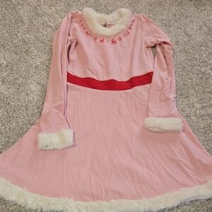 Hanna Andersson Pink Dress with Red Waistband and White Faux Fur Trim